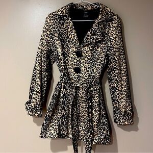 Luii animal print 70s trench coat tie waist button front cheetah leopard spots